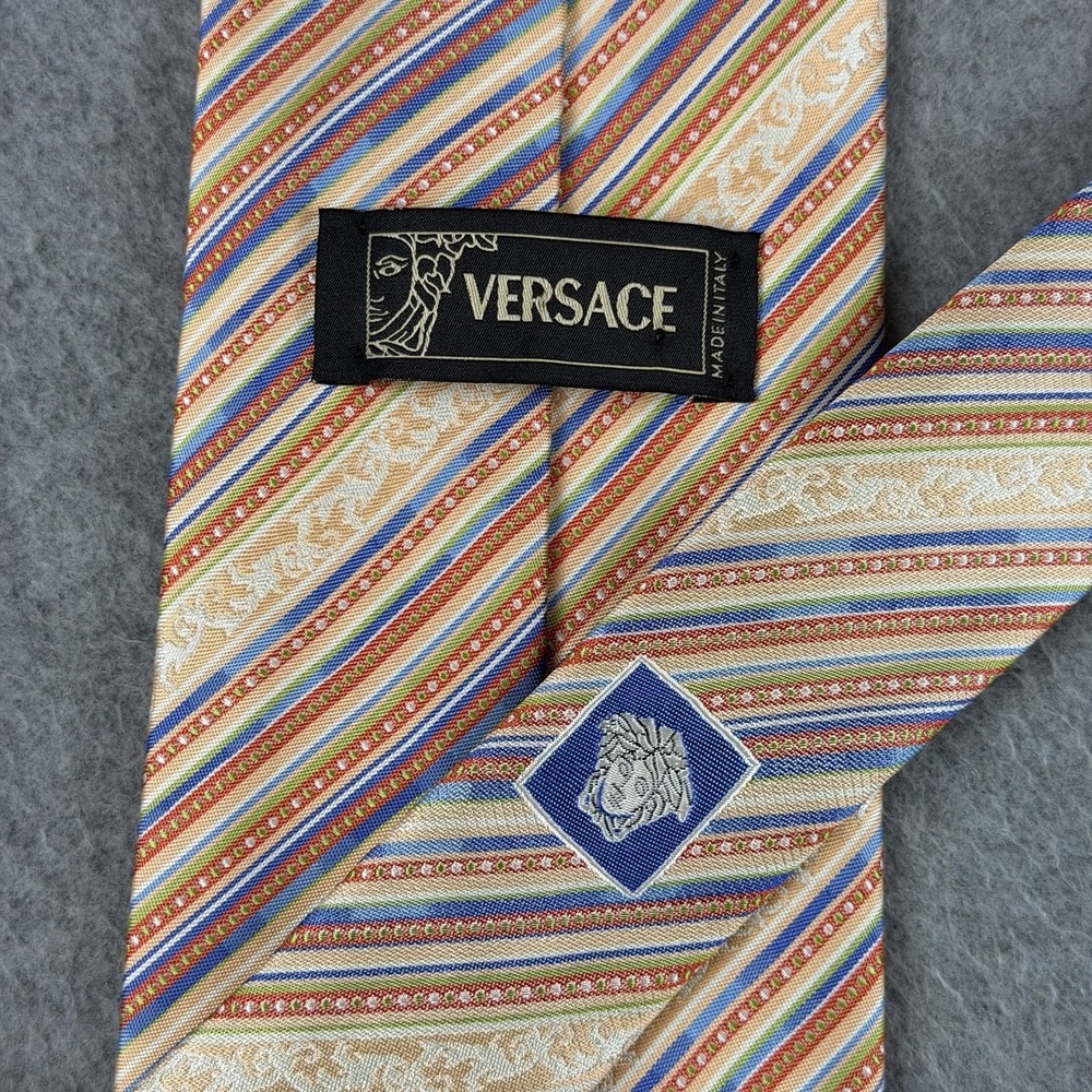 Vintage Versace Silk Tie Medusa Logo Multicolor Striped Made Italy Mens 56x3.6" - Picture 3 of 8